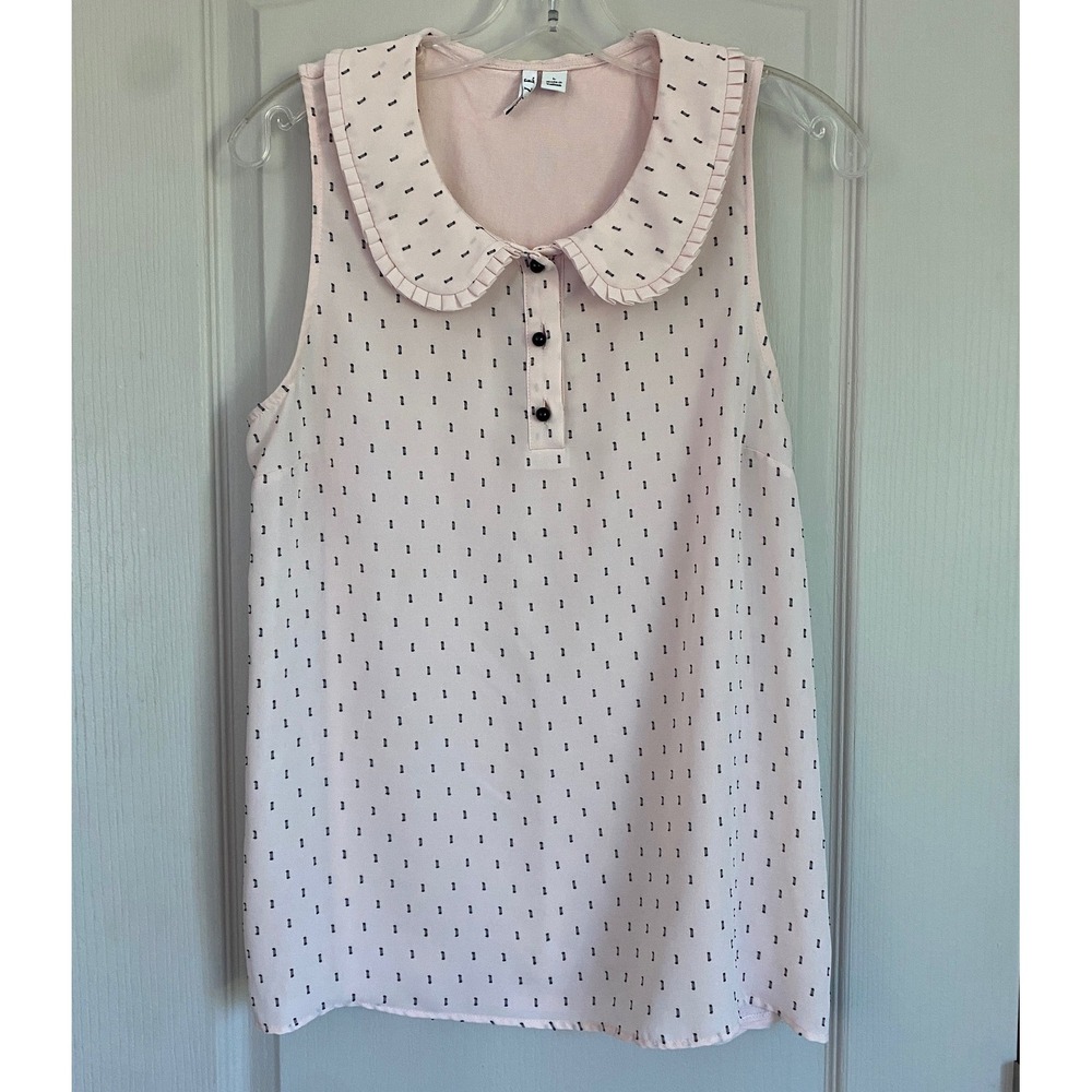 ELLE Pink Sleeveless Peter Pan Collar Ruffle Blouse Dash Print Top Large